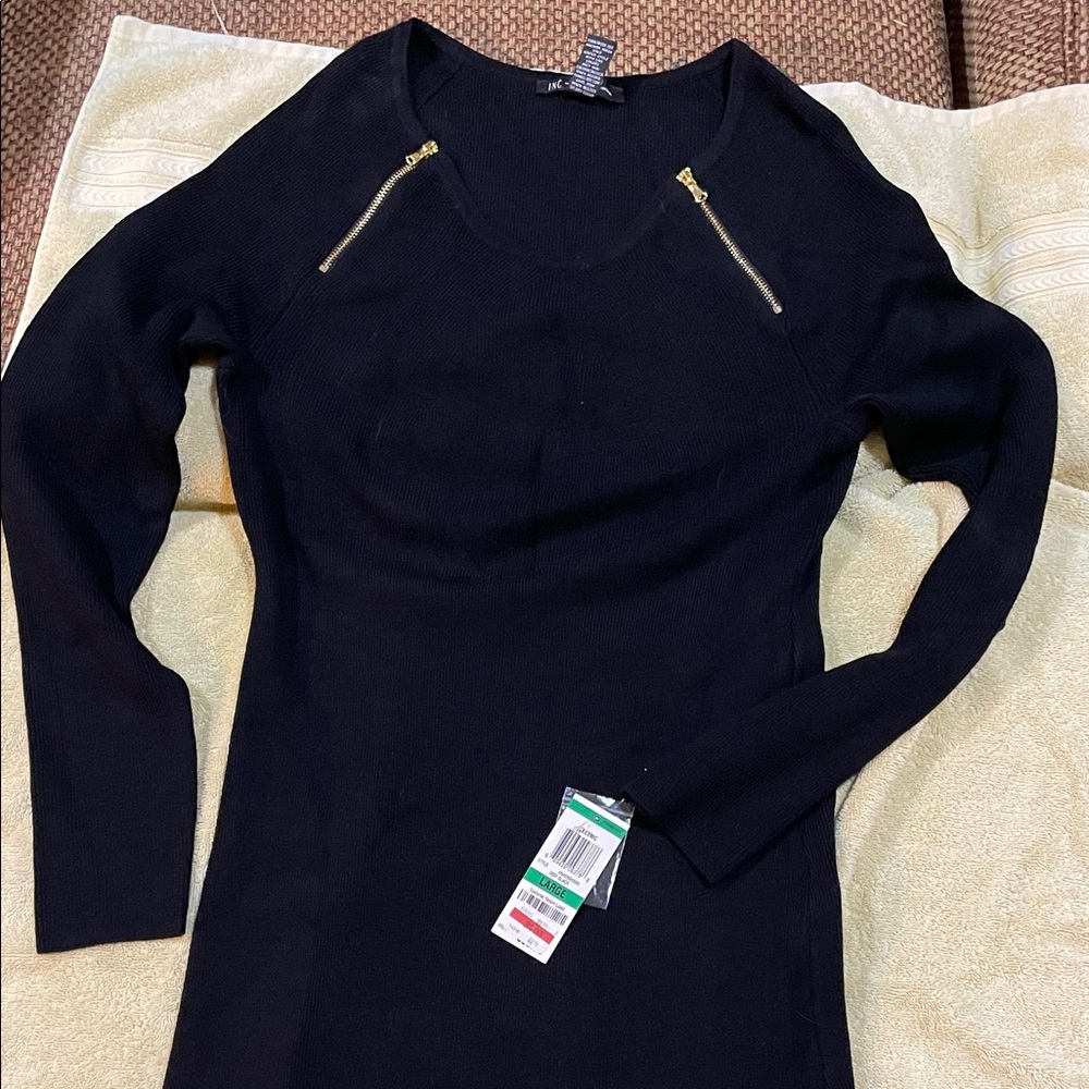 INC International Concepts Black Long Sleeve Dress with Gold Zipper Accents